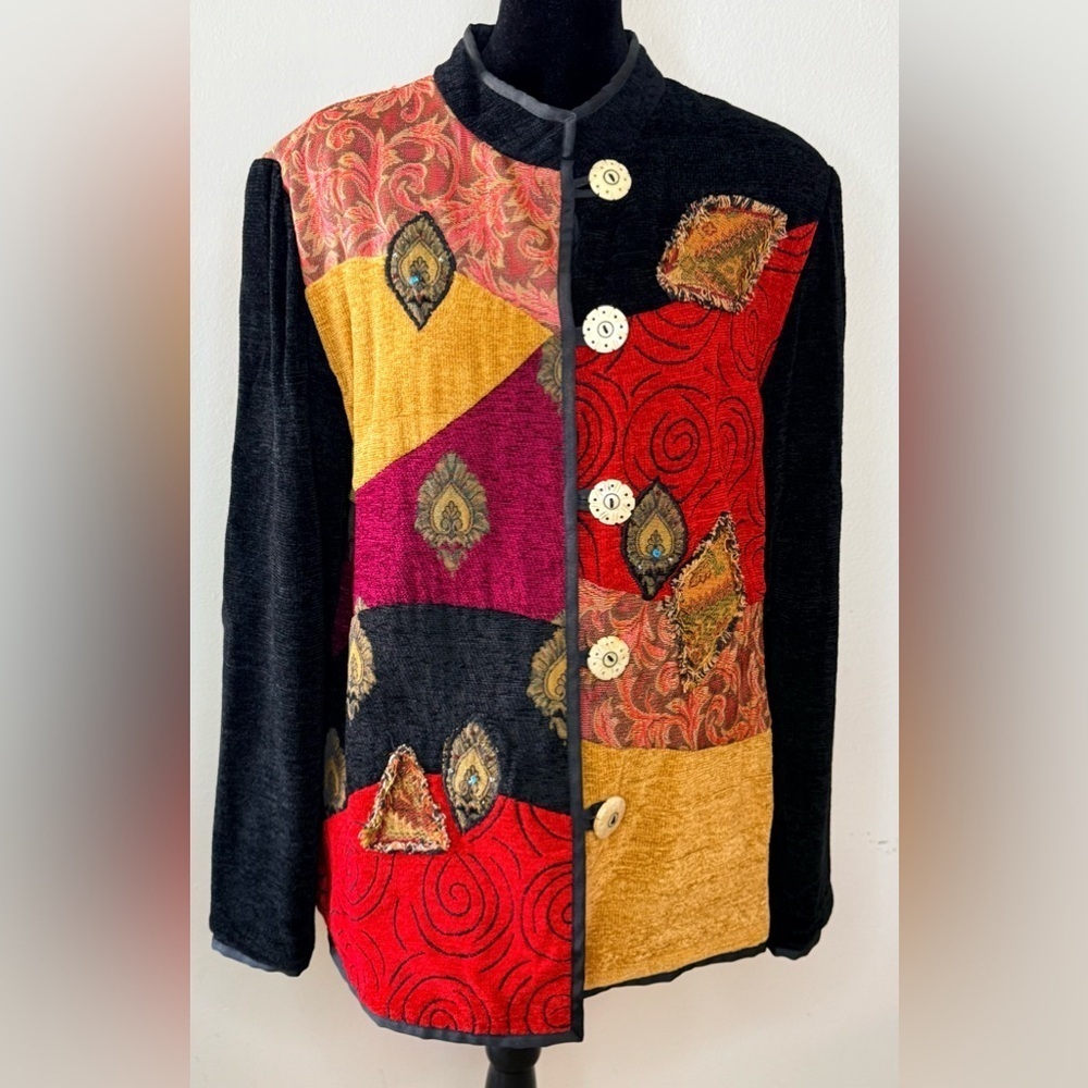 Vintage Black Chenille tapestry patchwork Jacket beaded leaves carved buttons XL